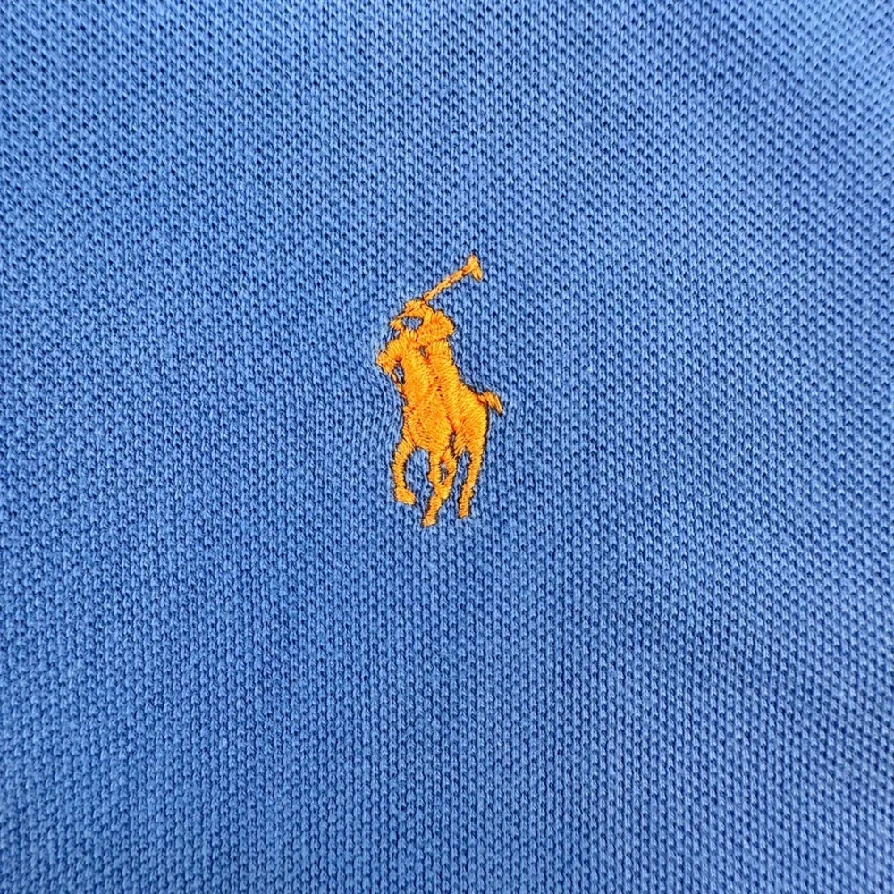 Polo Ralph Lauren Men L‎ Blue Short Sleeve Pique Cotton Polo Shirt Orange Pony